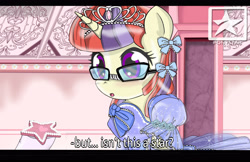 Size: 3500x2262 | Tagged: safe, artist:avchonline, imported from derpibooru, lyra heartstrings, moondancer, black bars, blushing, bow, canterlot royal ballet academy, caption, clothes, comic, cookie, dress, evening gloves, food, glasses, gloves, hair bow, jewelry, long gloves, stars, tiara