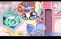 Size: 3500x2262 | Tagged: safe, artist:avchonline, imported from derpibooru, lyra heartstrings, moondancer, :3, black bars, blushing, bow, canterlot royal ballet academy, caption, clothes, comic, cookie, dress, evening gloves, food, glasses, gloves, hair bow, jewelry, long gloves, stars, tiara