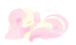 Size: 900x531 | Tagged: safe, artist:dracini, imported from derpibooru, fluttershy, pony, eyes closed, female, folded wings, name, prone, simple background, solo, white background