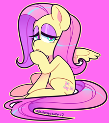 Size: 1024x1153 | Tagged: safe, artist:telltale-sheriff, imported from derpibooru, fluttershy, pony, female, hoof on chin, lidded eyes, looking at you, pink background, simple background, sitting, solo, spread wings