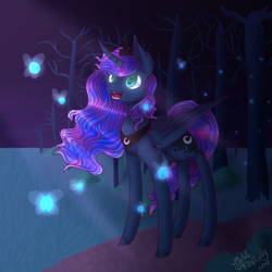 Size: 3850x3850 | Tagged: dead source, safe, artist:zombiecupcake101, imported from derpibooru, princess luna, alicorn, fairy, pony, colored pupils, curved horn, female, forest, grass field, moonlight, night, open mouth, path, scenery, signature, smiling, solo