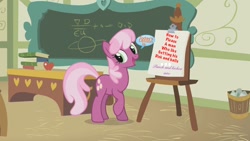 Size: 1280x720 | Tagged: safe, imported from derpibooru, cheerilee, pony, chalkboard, female, fetish, lesson, school, solo, todays lesson, trash, weird