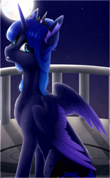 Size: 1855x3000 | Tagged: safe, artist:nightstarss, artist:rubyflank, imported from derpibooru, princess luna, alicorn, pony, balcony, collaboration, ear fluff, female, looking at you, looking back, looking back at you, moon, night, sitting, solo