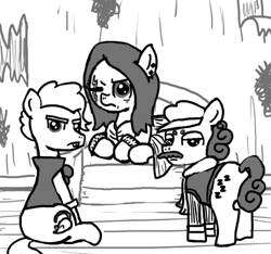 Size: 640x600 | Tagged: safe, artist:ficficponyfic, imported from derpibooru, oc, oc only, oc:barber, earth pony, pony, colt quest, adult, clothes, cutie mark, cyoa, ear piercing, facial hair, female, hat, male, mare, missing eye, monochrome, moustache, piercing, scar, scowl, stallion, story included, thief