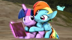 Size: 1191x670 | Tagged: safe, artist:nightblader, imported from derpibooru, rainbow dash, twilight sparkle, alicorn, pony, 3d, book, female, hug, lesbian, magic, shipping, snuggling, twidash, twilight sparkle (alicorn)
