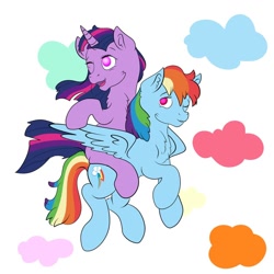 Size: 894x894 | Tagged: safe, artist:bewarethemusicman, imported from derpibooru, rainbow dash, twilight sparkle, pegasus, pony, unicorn, cloud, female, flying, lesbian, request, shipping, simple background, twidash, white background