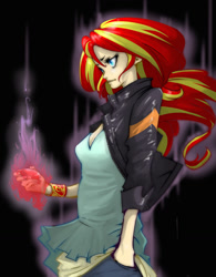 Size: 1000x1280 | Tagged: safe, artist:ddd1983, imported from derpibooru, sunset shimmer, equestria girls, clothes, dark magic, female, magic, pants, solo