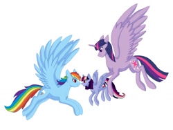 Size: 1032x774 | Tagged: safe, artist:silcybell, imported from derpibooru, rainbow dash, twilight sparkle, oc, alicorn, pony, commission, female, flying, lesbian, magical lesbian spawn, offspring, parent:rainbow dash, parent:twilight sparkle, parents:twidash, shipping, simple background, twidash, twilight sparkle (alicorn), white background