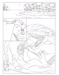 Size: 2550x3236 | Tagged: safe, artist:feroxultrus, imported from derpibooru, oc, oc only, bird, hippocampus, merpony, sea serpent, seagull, siren, beach, comic, hammerhead, island, monster, ocean, shore, splashing, tropical, wave