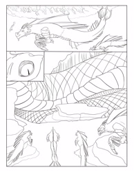 Size: 2550x3292 | Tagged: safe, artist:feroxultrus, imported from derpibooru, oc, oc only, hippocampus, merpony, sea serpent, siren, comic, fight, hammerhead, male, monster, ocean, scales, sea floor, splash