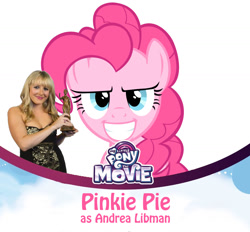 Size: 1174x1090 | Tagged: safe, imported from derpibooru, pinkie pie, my little pony: the movie, >:), >:d, andrea libman, breasts, cleavage, evil grin, exploitable meme, fake, female, grin, happy, meme, mlp movie cast icons, pure unfiltered evil, smiling, voice actor reveal meme, wat