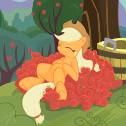 Size: 5000x5000 | Tagged: safe, artist:matimus91, imported from derpibooru, applejack, earth pony, pony, absurd resolution, apple, eyes closed, female, food, happy, obligatory apple, on back, pile, solo, that pony sure does love apples