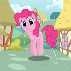 Size: 5000x5000 | Tagged: safe, artist:matimus91, imported from derpibooru, pinkie pie, earth pony, pony, absurd resolution, cute, diapinkes, female, jumping, looking at you, ponyville, pronking, show accurate, smiling, solo