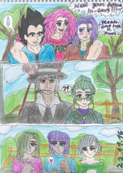 Size: 1024x1448 | Tagged: safe, artist:skycircle777, imported from derpibooru, cloudy quartz, igneous rock pie, limestone pie, marble pie, maud pie, pinkie pie, human, clothes, crossover, crossover shipping, dragon ball, dragon ball z, glasses, humanized, light skin, pie family, pie sisters, pie twins, rock farm, shipping, speech bubble, text, traditional art, trunks, trunks (dragon ball), twins, vegeta