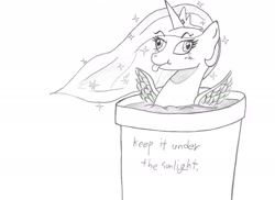 Size: 1790x1301 | Tagged: safe, artist:potatobug, derpibooru exclusive, imported from derpibooru, princess celestia, alicorn, plant pony, pony, derp, female, flower pot, grayscale, monochrome, raspberry, simple background, solo, sparkles, tongue out, traditional art, wat, white background