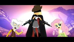 Size: 1366x768 | Tagged: safe, artist:zxinsanity, imported from derpibooru, applejack, discord, fluttershy, equestria girls, alternate universe, cape, clothes, eqg promo pose set, equestria girls-ified, equestria girls: the parody series, gun, hat, shocked, weapon
