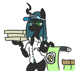 Size: 501x471 | Tagged: safe, artist:jargon scott, imported from derpibooru, part of a set, queen chrysalis, changeling, bipedal, cadance's pizza delivery, female, food, part of a series, pizza, scooter, simple background, smiling, solo, white background