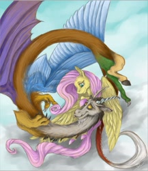 Size: 668x771 | Tagged: safe, artist:sharkyskadi, imported from derpibooru, discord, fluttershy, cloud, colored hooves, discoshy, eye contact, flying, looking at each other, male, shipping, sky, spread wings, straight
