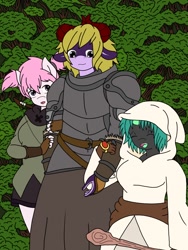 Size: 900x1200 | Tagged: safe, artist:linedraweer, imported from derpibooru, oc, oc only, oc:paltrin, oc:sweet cheeks, oc:titch, anthro, changeling, dragon, plantigrade anthro, anthro oc, archery, armor, arrow, changeling oc, cleric, commission, forest, hood, mage, ranger, weapon