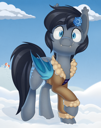 Size: 866x1093 | Tagged: safe, artist:thegamblehorse, imported from derpibooru, oc, oc only, oc:seachell, bat pony, pony, bomber jacket, clothes, cloud, female, flower, flower in hair, jacket, mare, snow, solo