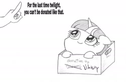 Size: 1919x1260 | Tagged: safe, artist:potatobug, derpibooru exclusive, imported from derpibooru, twilight sparkle, human, pony, bookhorse, box, cute, dialogue, floppy ears, grayscale, hand, library, monochrome, offscreen character, pony in a box, purple smart, simple background, smiling, that pony sure does love books, traditional art, twiabetes, white background