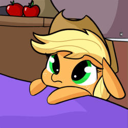 Size: 949x949 | Tagged: safe, artist:tjpones, imported from derpibooru, part of a set, applejack, earth pony, pony, adorable face, animated, apple, bed, cute, daaaaaaaaaaaw, dawwww, eye shimmer, female, floppy ears, food, freckles, frown, gif, hnnng, hoofy-kicks, jackabetes, looking up, open mouth, solo, tjpones is trying to murder us, upsies, weapons-grade cute
