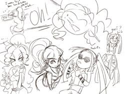 Size: 1400x1050 | Tagged: safe, artist:amazingpuffhair, imported from derpibooru, adagio dazzle, aria blaze, sonata dusk, equestria girls, implied arisona, implied lesbian, monochrome, sketch, sketch dump, the dazzlings, vulgar