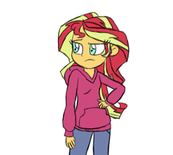 Size: 1148x1024 | Tagged: safe, artist:starlightflopple, imported from derpibooru, sunset shimmer, equestria girls, clothes, female, frown, hoodie, simple background, solo