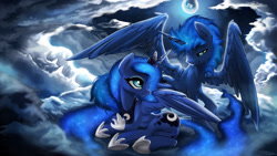 Size: 2100x1182 | Tagged: safe, artist:fidzfox, imported from derpibooru, princess luna, oc, alicorn, pony, alicorn oc, butt, canon x oc, cloud, female, male, moon, moonbutt, night, on side, plot, shipping, side, spread wings, stars, straight