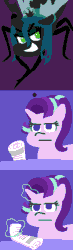 Size: 184x632 | Tagged: safe, artist:threetwotwo32232, imported from derpibooru, queen chrysalis, starlight glimmer, fly, :|, animated, comic, evil grin, female, flying, gif, grin, levitation, lidded eyes, magic, newspaper, smiling, starlight vs chrysalis, telekinesis