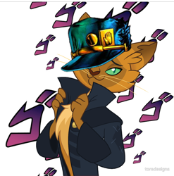 Size: 1250x1263 | Tagged: safe, imported from derpibooru, capper dapperpaws, abyssinian, anthro, cat, my little pony: the movie, chest fluff, jojo's bizarre adventure, jotaro kujo, male, menacing, solo, ゴ ゴ ゴ
