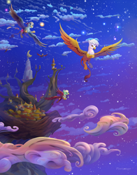 Size: 1650x2100 | Tagged: safe, artist:viwrastupr, imported from derpibooru, part of a set, gabby, gilda, greta, griffon, bag, beautiful, castle griffonstone, clothes, cloud, color porn, flying, griffonstone, night, night sky, paws, scarf, scenery, smiling, spread wings, starry night, stars, wings