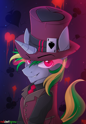 Size: 1500x2171 | Tagged: safe, artist:redchetgreen, imported from derpibooru, oc, oc only, oc:spades, pony, unicorn, glowing eyes, hat, male, playing card, solo, stallion, top hat