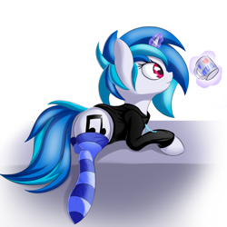 Size: 3000x3000 | Tagged: safe, artist:twiren, imported from derpibooru, dj pon-3, vinyl scratch, pony, clothes, coffee mug, cute, female, high res, hoodie, levitation, magic, mug, prone, socks, solo, striped socks, telekinesis, vinylbetes