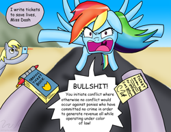 Size: 3295x2538 | Tagged: safe, artist:sonigoku, imported from derpibooru, copper top, derpy hooves, rainbow dash, pegasus, pony, cellphone, female, first person view, fuck the police, libertarian, mare, mouthpiece, offscreen character, op is a duck, phone, police, political cartoon, politics, pov, recording, smartphone, speeding ticket, traffic stop, vulgar