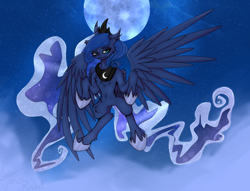 Size: 1700x1300 | Tagged: safe, artist:charlottelanoire, artist:skylinetoaster, imported from derpibooru, princess luna, alicorn, pony, chest fluff, collaboration, female, flying, moon, solo