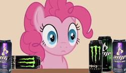 Size: 612x352 | Tagged: safe, edit, edited screencap, imported from derpibooru, screencap, pinkie pie, earth pony, pony, aluminum can, amp energy, can, drink, emotionless, energy drink, female, mare, monster energy, soda can, solo, stare, this will not end well, wide eyes, xk-class end-of-the-world scenario, your little pets