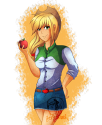 Size: 2200x2700 | Tagged: safe, artist:gerardwei, imported from derpibooru, applejack, equestria girls, apple, female, food, solo, watermark