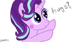 Size: 1024x576 | Tagged: safe, artist:startledflowerpony, deleted from derpibooru, imported from derpibooru, starlight glimmer, pony, unicorn, blushing, bronybait, bust, cute, dialogue, glimmerbetes, heart, hug request, simple background, smiling, solo, white background