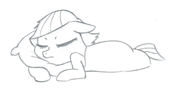 Size: 640x338 | Tagged: artist needed, safe, imported from derpibooru, limestone pie, earth pony, pony, female, monochrome, pillow, simple background, sketch, sleeping, solo, traditional art, white background