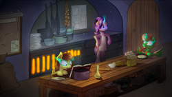 Size: 1024x579 | Tagged: safe, artist:breakdream, imported from derpibooru, starlight glimmer, oc, oc:frost d. tart, oc:golden lily, alicorn, pony, alicorn oc, bipedal, book, brother and sister, cooking, fiducia compellia, food, kitchen, magic, mind control, smiling