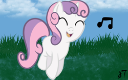 Size: 1024x640 | Tagged: safe, artist:silversthreads, imported from derpibooru, sweetie belle, pony, unicorn, cute, diasweetes, female, filly, happy, redraw, singing, solo