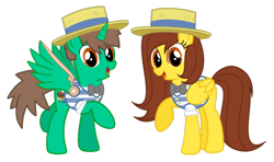 Size: 1024x605 | Tagged: safe, artist:water-kirby, imported from derpibooru, flam, flim, oc, oc only, oc:frost d. tart, oc:golden lily, alicorn, pony, alicorn oc, boater, boater hat, bowtie, brother and sister, clothes, cosplay, costume, flim flam brothers, hat, vest