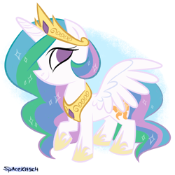 Size: 2000x2000 | Tagged: safe, artist:spacekitsch, deleted from derpibooru, imported from derpibooru, princess celestia, alicorn, pony, chibi, crown, cute, cutelestia, jewelry, raised hoof, regalia, signature, simple background, solo