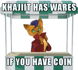 Size: 480x430 | Tagged: safe, imported from derpibooru, capper dapperpaws, abyssinian, anthro, cat, khajiit, my little pony: the movie, chest fluff, clothes, image macro, male, meme, simple background, skyrim, solo, the elder scrolls, transparent background, vector
