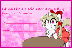 Size: 3000x2000 | Tagged: safe, artist:fullmetalpikmin, imported from derpibooru, oc, oc only, oc:cherry blossom, pony, unicorn, tumblr:ask viewing pleasure, bow, bracelet, clothes, dress, jewelry, solo, valentine's day, valentine's day card