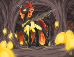 Size: 5400x4200 | Tagged: safe, artist:the-minuscule-task, imported from derpibooru, oc, oc only, oc:sanguine dreams, changeling, changeling queen, absurd resolution, cave, changeling queen oc, egg, female, hive, solo, yellow changeling