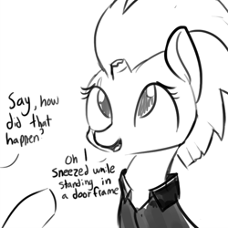 Size: 810x811 | Tagged: safe, artist:tjpones, imported from derpibooru, fizzlepop berrytwist, tempest shadow, pony, unicorn, my little pony: the movie, broken horn, clothes, cute, dialogue, disembodied hoof, eye scar, female, grayscale, happy, looking up, mare, monochrome, open mouth, pointing, scar, shirt, simple background, sketch, smiling, solo focus, white background