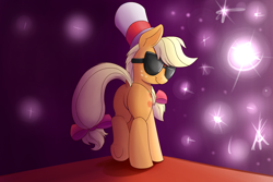 Size: 1500x1000 | Tagged: safe, artist:heir-of-rick, imported from derpibooru, applejack, earth pony, pony, applebutt, butt, dock, female, freckles, glasses, hat, looking at you, looking back, mare, paparazzi, plot, raised tail, smiling, solo, sunglasses, tail, top hat, underhoof