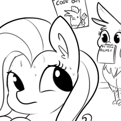 Size: 792x792 | Tagged: safe, artist:tjpones, imported from derpibooru, fluttershy, gilda, griffon, pegasus, pony, birb, chef's hat, cute, ear fluff, frown, gildadorable, grayscale, hat, looking back, looking over shoulder, monochrome, mouth hold, nervous, poster, restaurant, simple background, sketch, spatula, sweat, the twilight zone, this will end in tears and/or breakfast, to serve man, white background